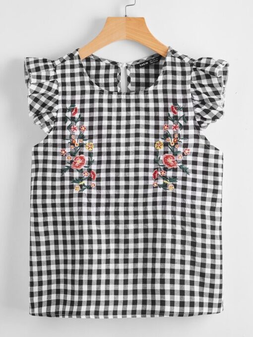 SHEIN Ruffle Armhole Embroidery Detail Gingham Blouse
