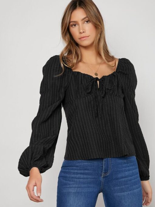SHEIN Bishop Sleeve Knot Front Top