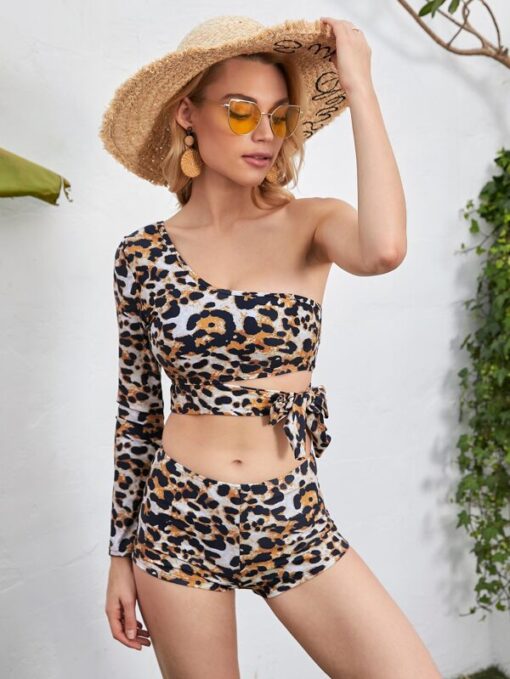 SHEIN Leopard Tie Waist Shorts Bikini Swimsuit