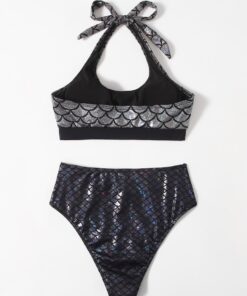 SHEIN Fish Scale Print Metallic Halter Bikini Swimsuit