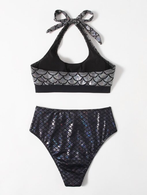 SHEIN Fish Scale Print Metallic Halter Bikini Swimsuit