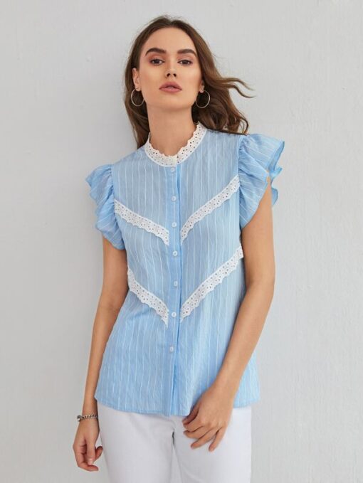 SHEIN Buttoned Front Schiffy Frill Trim Striped Blouse