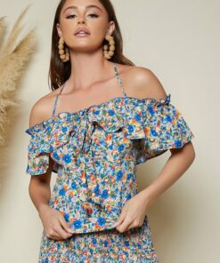 SHEIN Cold Shoulder Ruffle Trim Ditsy Floral Top