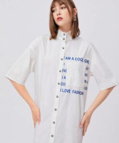 SHEIN Patch Pocket Slogan Graphic Shirt Dress