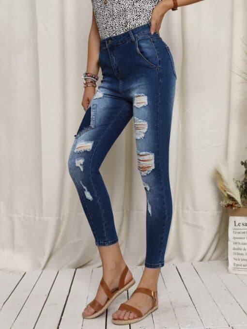 SHEIN EMERY ROSE Zipper Fly Ripped Detail Contrast Elbow Patch Jeans