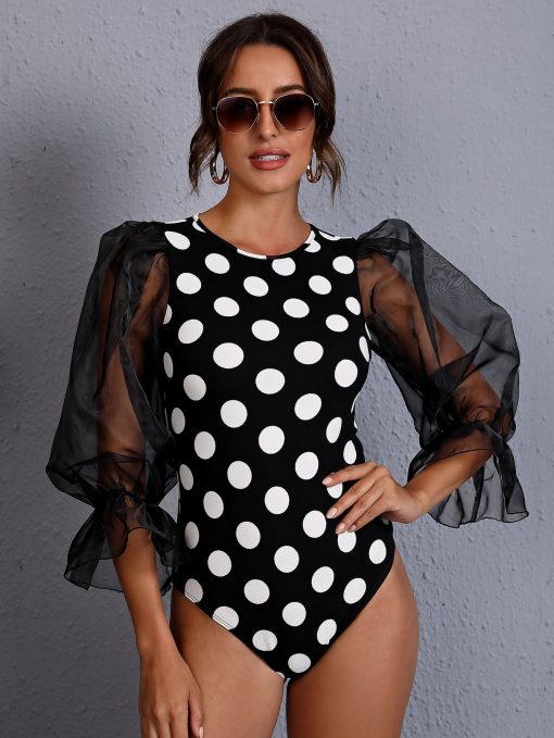 SHEIN Polka Dot Print Contrast Mesh Flounce Sleeve Bodysuit