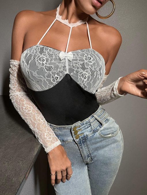 SHEIN Contrast Lace Panel Halter Top