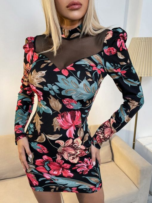 SHEIN Floral Print Mesh Insert Mock Neck Puff Sleeve Bodycon Dress