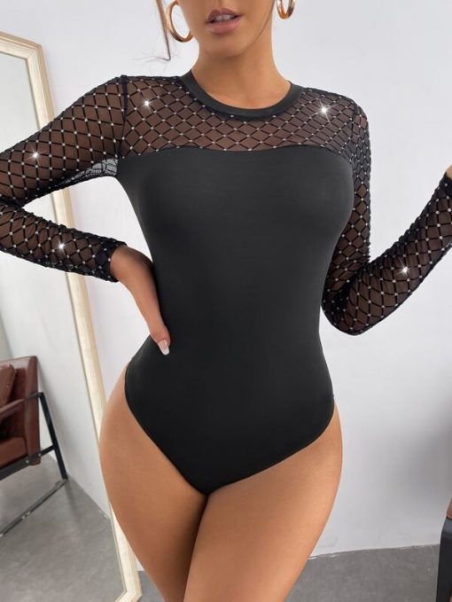 SHEIN Geo Mesh Panel Rhinestone Bodysuit