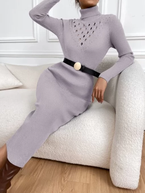SHEIN Pointelle Knit Turtleneck Sweater Dress Without Belt