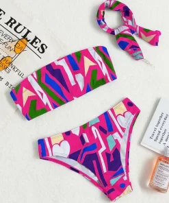 SHEIN 3pack Geometric Graphic Bandeau Bikini Swimsuit & Bandana