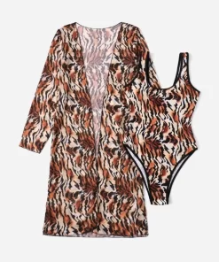 ROMWE Tiger Graphic One Piece Swimsuit With Cover Up