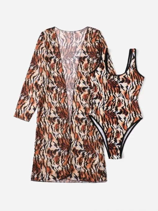 ROMWE Tiger Graphic One Piece Swimsuit With Cover Up