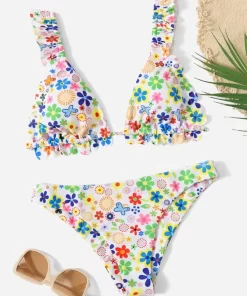 SHEIN Random Floral Print Frilled Scallop Trim Bikini Swimsuit