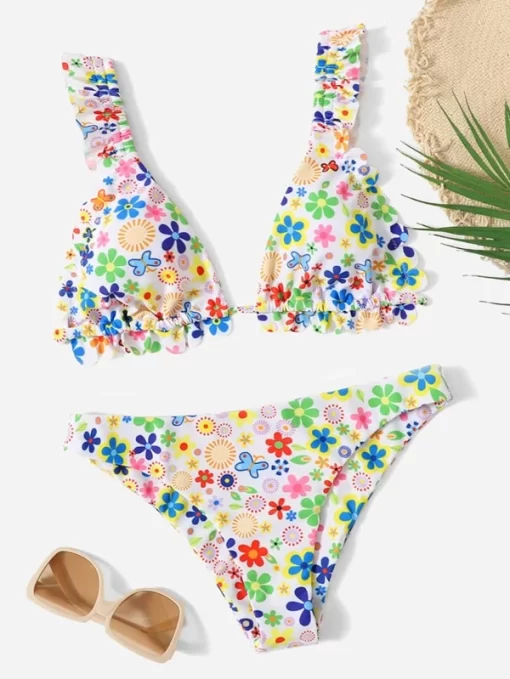 SHEIN Random Floral Print Frilled Scallop Trim Bikini Swimsuit