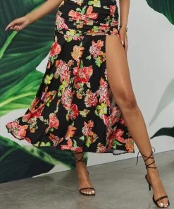 SHEIN SXY Floral Print Ruched Split Thigh Skirt