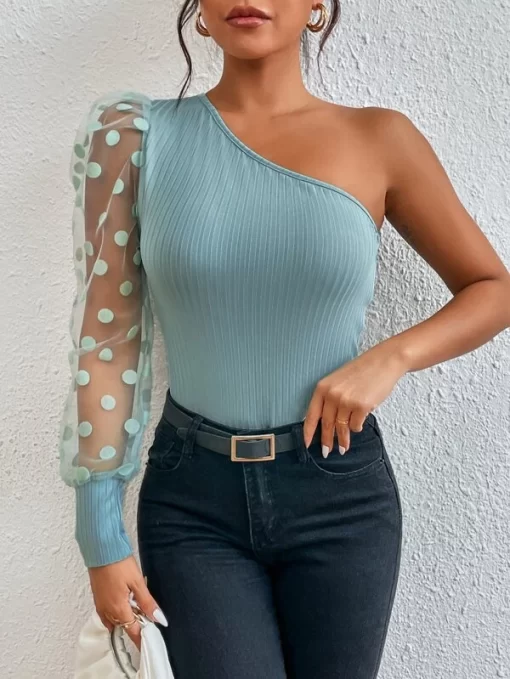 SHEIN One Shoulder Contrast Dobby Mesh Puff Sleeve Tee