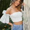 SHEIN Polka Dot Off Shoulder Flounce Sleeve Crop Top