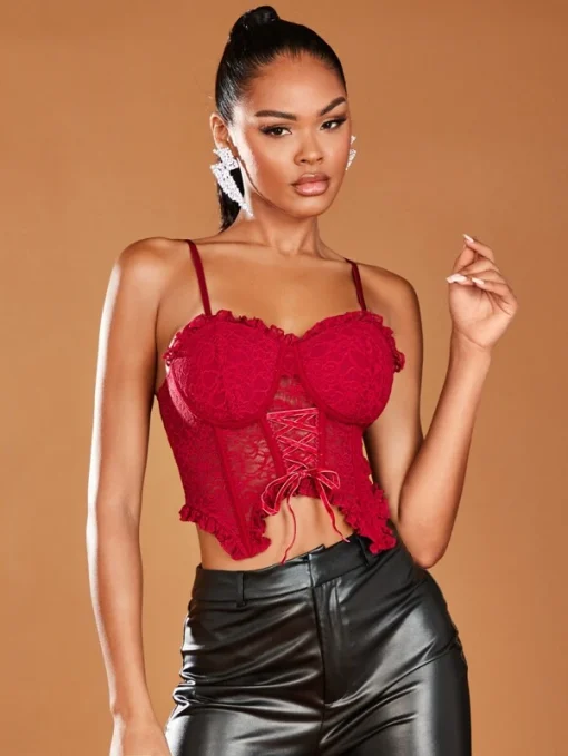 SHEIN BAE Lace Up Front Asymmetrical Hem Lace Cami Top