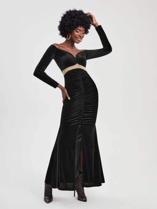 SHEIN X Dayra Couture Off Shoulder Contrast Mesh Ruched Split Thigh Velvet Dress