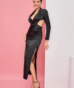 SHEIN X ILIÈS NAAK Wrap Cutout Split Thigh Satin Dress