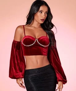 SHEIN BAE Cold Shoulder Rhinestone Detail Velvet Top