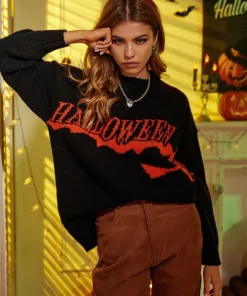SHEIN Halloween Wizard And Letter Pattern Drop Shoulder Sweater