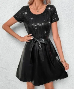 SHEIN Contrast Sequin Belted Dress
