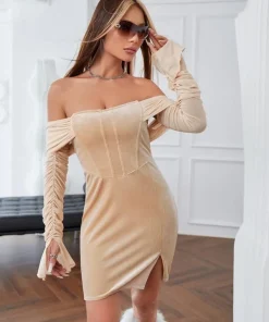 SHEIN ICON Off Shoulder Ruched Split Hem Bodycon Dress