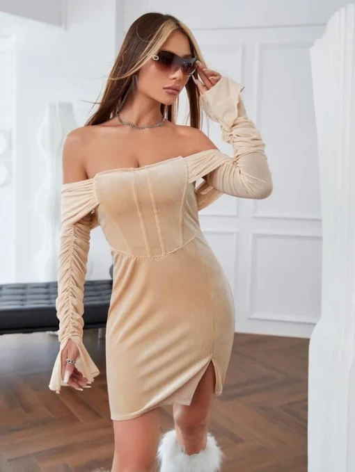 SHEIN ICON Off Shoulder Ruched Split Hem Bodycon Dress