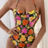 SHEIN Floral Print Tie Backless Halter One Piece Swimsuit