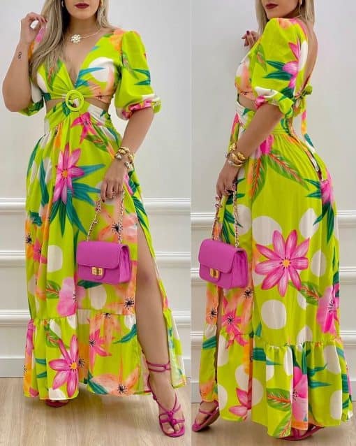CHICME Floral Print O-Ring Twisted Cutout Split Thigh Maxi Dress