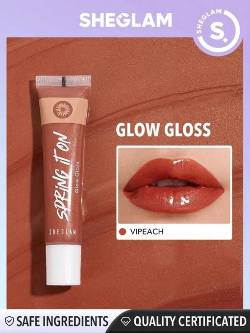 SHEGLAM Spring It On Glow Gloss-Vipeach Shiny Tinted Moisturizing Lip Gloss Plumping Non-Sticky Lip Oil Repairing Calendula Extract Lip Care