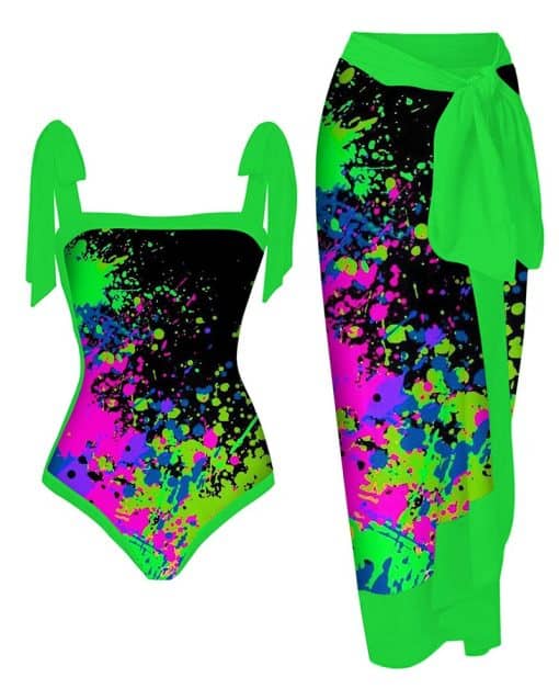 CHCIME Ink Splash Print One Piece Swimsuit With Cover Up