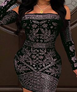 SHEIN Slayr Gorgeous & Elegant One Shoulder Long Sleeve Bodycon Mini Dress With Imitation Rhinestone & Twig Pattern Print For Women