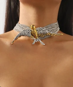European Fashion Exaggerated, Multi-Layered, Full Diamond Encrusted Flying Bird & Swallow Necklace For Women With Unique Vintage Charm