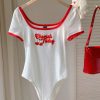 SHEIN EZwear Summer Casual Red And White Fruit Printed Bodysuit For Women