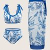 SHEIN Swim Oasis Women's Floral Print Shoulder Knot Sexy Bikini Set With Swimsuit Cover-Up And Skirt, 3pcs, Printed