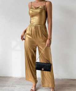 SHEIN Privé Women's Halter Neck Shiny Jumpsuit