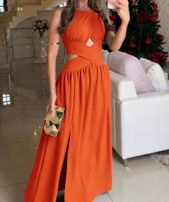 SHEIN VCAY Women Vacation Leisure Solid Color Hollow Out Halter Neck Dress