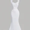 SHEIN MOD White Ruffled Collar Ruched Romantic Maxi Dress For Women