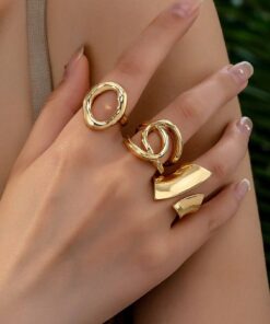 SHEIN (3pcs/Set) Punk Style Exaggerated Glossy Round Opening Ring, Geometric Curved Surface Ring, And Geometric Glossy Cross Ring.