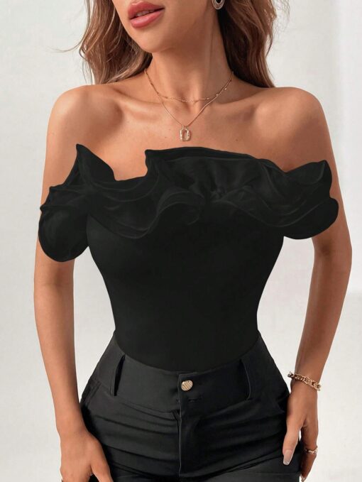 SHEIN Firerie Solid Layered Ruffle Trim Tube Bodysuit