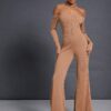 SHEIN Haute Winter Women Clothes, Casual Long Sleeves Rib Knit Off Shoulder Flare Leg Camel Jumpsuit