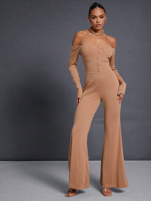 SHEIN Haute Winter Women Clothes, Casual Long Sleeves Rib Knit Off Shoulder Flare Leg Camel Jumpsuit