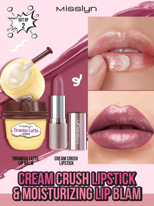 SHEIN Misslyn Cream Crush Lipstick & Moisturizing Lip Blam,2 Pcs,Cream Crush Lipstick, Creamy Non-Stick Hydrating Lipstick, Creamy Hydrating