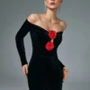 SHEIN Poéselle Women Black Velvet Long Dress Red 3D Flower Decor Off Shoulder Long Sleeve Dress