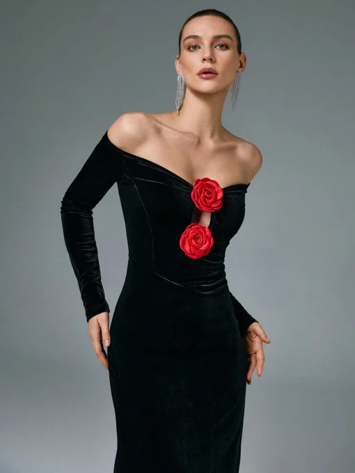 SHEIN Poéselle Women Black Velvet Long Dress Red 3D Flower Decor Off Shoulder Long Sleeve Dress