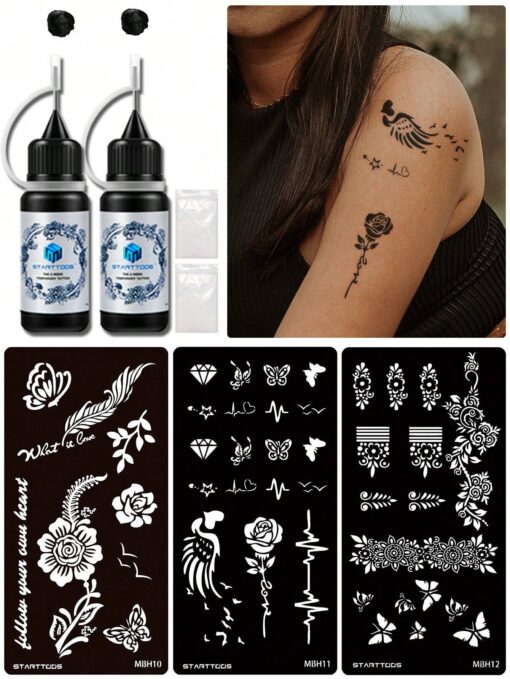 SHEIN 3pcs Henna Floral Hollow-Out Temporary Tattoo Template + 2 Bottles Black Juice Tattoo Ink, Body Art Floral, Bird, Word Design Tattoo Combo Set, Suitable For Finger, Wrist, Unisex Semi-Permanent Waterproof Fake Tattoo